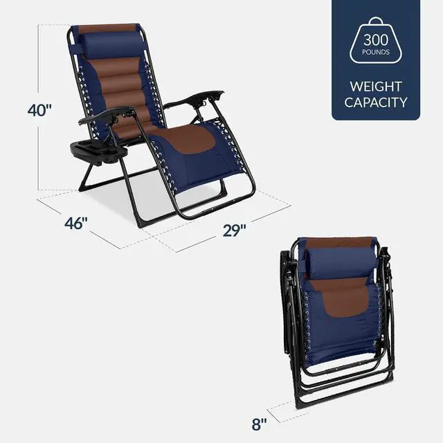 Alt view image 3 of 7 - Oversized Padded Zero Gravity Chair, Folding Outdoor Patio Recliner, XL Anti Gravity Lounger for Backyard w/Headrest, Cup Holder, Side Tray, Polyester Mesh - Navy/Brown
