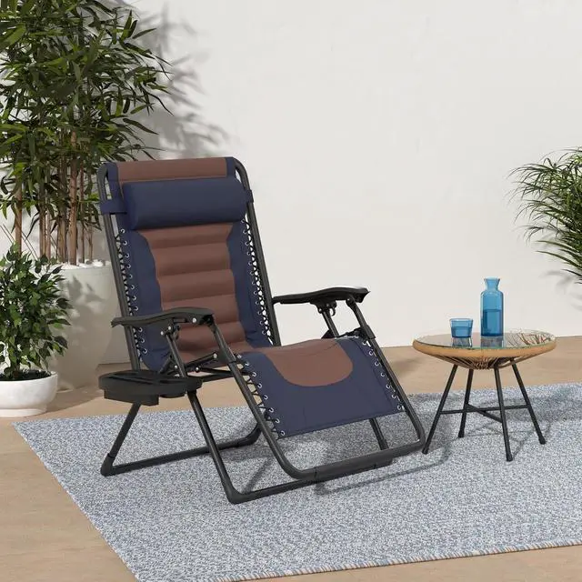 Alt view image 2 of 7 - Oversized Padded Zero Gravity Chair, Folding Outdoor Patio Recliner, XL Anti Gravity Lounger for Backyard w/Headrest, Cup Holder, Side Tray, Polyester Mesh - Navy/Brown