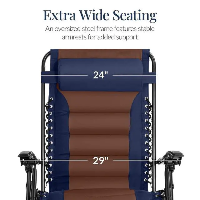 Alt view image 4 of 7 - Oversized Padded Zero Gravity Chair, Folding Outdoor Patio Recliner, XL Anti Gravity Lounger for Backyard w/Headrest, Cup Holder, Side Tray, Polyester Mesh - Navy/Brown