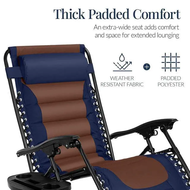 Alt view image 5 of 7 - Oversized Padded Zero Gravity Chair, Folding Outdoor Patio Recliner, XL Anti Gravity Lounger for Backyard w/Headrest, Cup Holder, Side Tray, Polyester Mesh - Navy/Brown