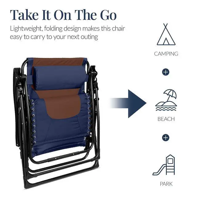 Alt view image 6 of 7 - Oversized Padded Zero Gravity Chair, Folding Outdoor Patio Recliner, XL Anti Gravity Lounger for Backyard w/Headrest, Cup Holder, Side Tray, Polyester Mesh - Navy/Brown