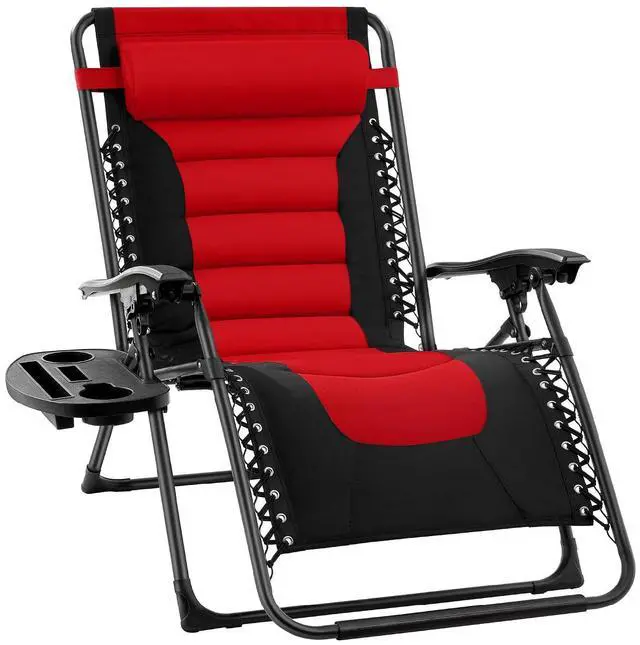 Main image of Oversized Padded Zero Gravity Chair, Folding Outdoor Patio Recliner, XL Anti Gravity Lounger for Backyard w/Headrest, Cup Holder, Side Tray, Polyester Mesh - Red