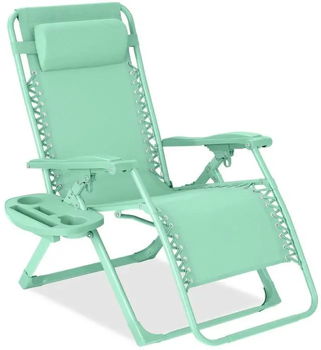 Main image of Adjustable Zero Gravity Chair, Monochromatic Color Folding Patio Recliner w/Side Tray, Headrest - Mint