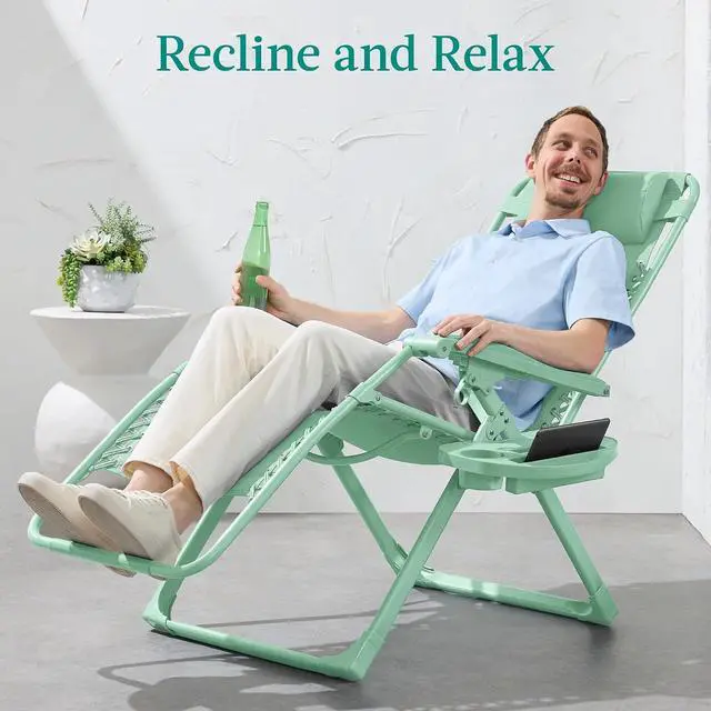 Alt view image 4 of 7 - Adjustable Zero Gravity Chair, Monochromatic Color Folding Patio Recliner w/Side Tray, Headrest - Mint
