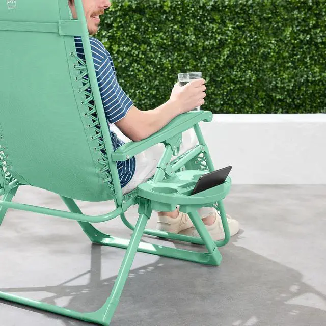 Alt view image 5 of 7 - Adjustable Zero Gravity Chair, Monochromatic Color Folding Patio Recliner w/Side Tray, Headrest - Mint
