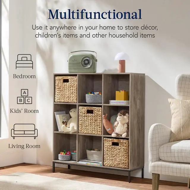 Alt view image 4 of 7 - Best Choice Products 9-Cube Bookshelf, 3-Tier Wood Storage Bookcase W/Legs, 11in Shelf Opening, Cube Organizer, Living Room, Office, Nursery - Greige