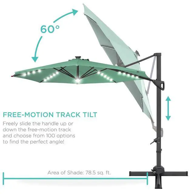 Alt view image 5 of 7 - 10ft Solar LED Cantilever Patio Umbrella, 360-Degree Rotation Hanging Offset Market Outdoor Sun Shade for Backyard, Deck, Poolside w/Lights, Easy Tilt, Cross Base - Seaglass