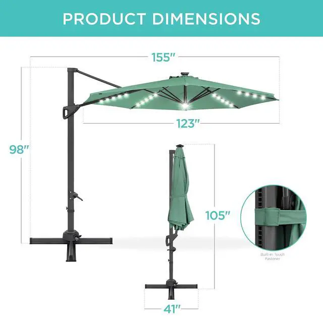 Alt view image 7 of 7 - 10ft Solar LED Cantilever Patio Umbrella, 360-Degree Rotation Hanging Offset Market Outdoor Sun Shade for Backyard, Deck, Poolside w/Lights, Easy Tilt, Cross Base - Seaglass