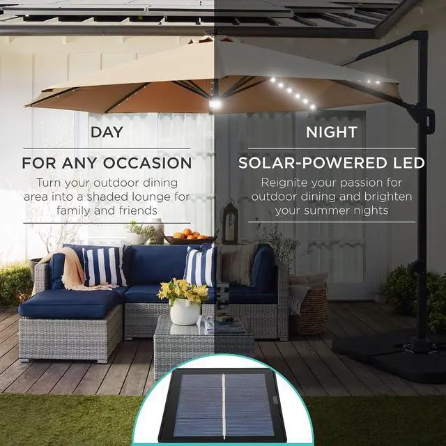 Alt view image 3 of 7 - 10ft Solar LED Cantilever Patio Umbrella, 360-Degree Rotation Hanging Offset Market Outdoor Sun Shade for Backyard, Deck, Poolside w/Lights, Easy Tilt, Cross Base - Tan
