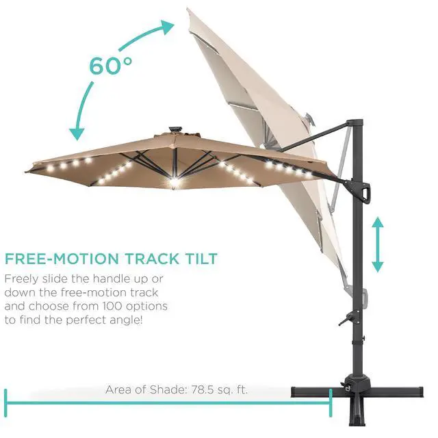 Alt view image 5 of 7 - 10ft Solar LED Cantilever Patio Umbrella, 360-Degree Rotation Hanging Offset Market Outdoor Sun Shade for Backyard, Deck, Poolside w/Lights, Easy Tilt, Cross Base - Tan