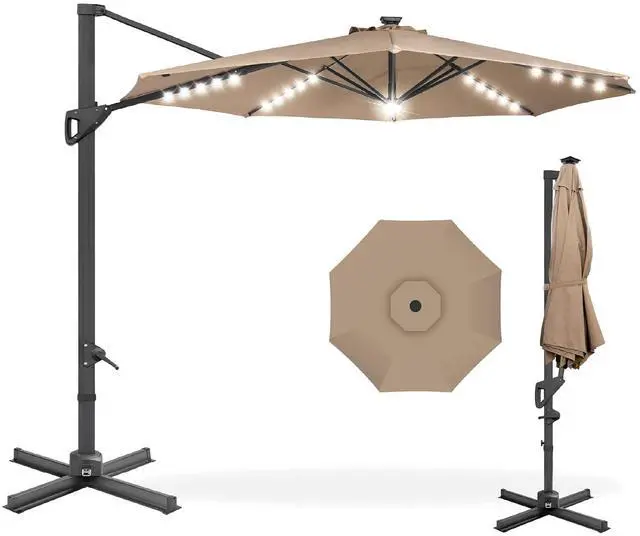 Main image of 10ft Solar LED Cantilever Patio Umbrella, 360-Degree Rotation Hanging Offset Market Outdoor Sun Shade for Backyard, Deck, Poolside w/Lights, Easy Tilt, Cross Base - Tan
