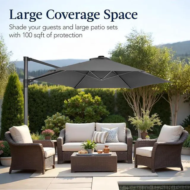 Alt view image 4 of 7 - 10ft Offset Cantilever Hanging Market Patio Umbrella, Smooth 360° Rotation, 8 Sturdy Ribs, Easy Adjustment - Gray