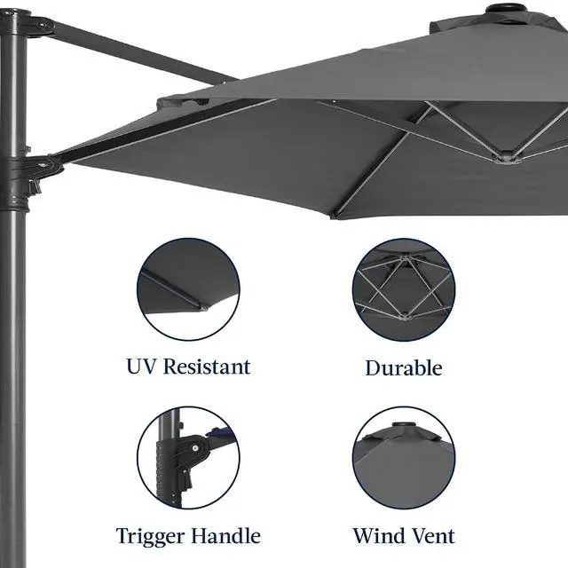Alt view image 7 of 7 - 10ft Offset Cantilever Hanging Market Patio Umbrella, Smooth 360° Rotation, 8 Sturdy Ribs, Easy Adjustment - Gray