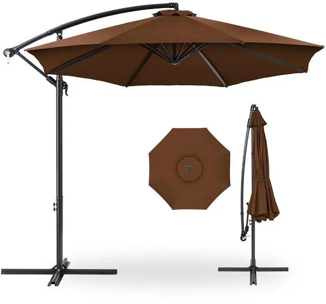 Main image of 10ft Offset Cantilever Hanging Market Patio Umbrella, 8 Sturdy Ribs, Easy Adjustment - Brown
