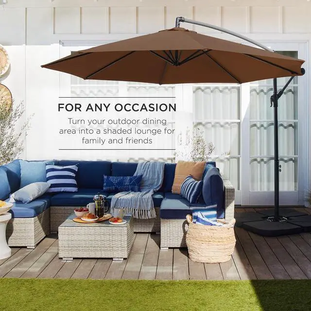 Alt view image 3 of 7 - 10ft Offset Cantilever Hanging Market Patio Umbrella, 8 Sturdy Ribs, Easy Adjustment - Brown