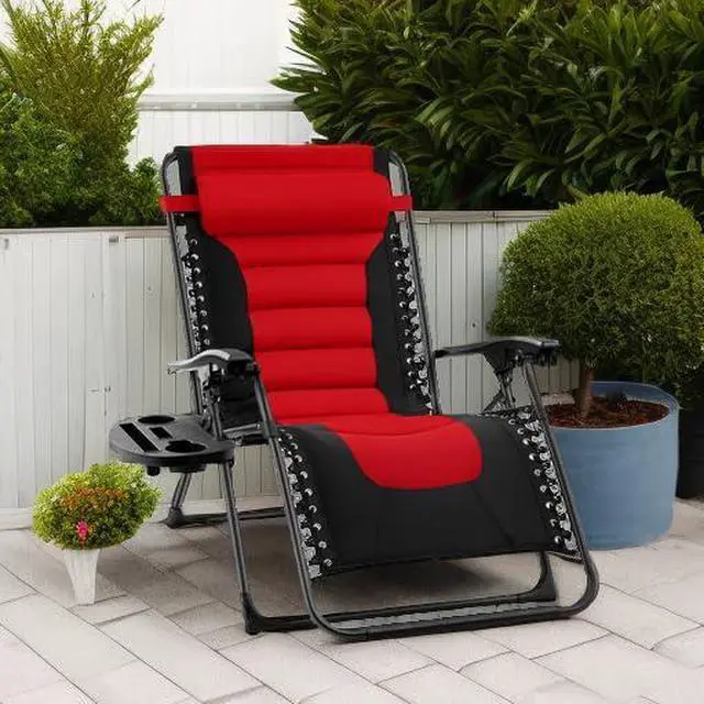 Alt view image 2 of 7 - Oversized Padded Zero Gravity Chair, Folding Outdoor Patio Recliner, XL Anti Gravity Lounger for Backyard w/Headrest, Cup Holder, Side Tray, Polyester Mesh - Red