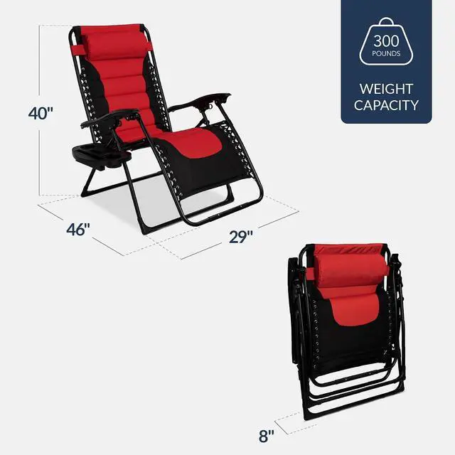 Alt view image 3 of 7 - Oversized Padded Zero Gravity Chair, Folding Outdoor Patio Recliner, XL Anti Gravity Lounger for Backyard w/Headrest, Cup Holder, Side Tray, Polyester Mesh - Red