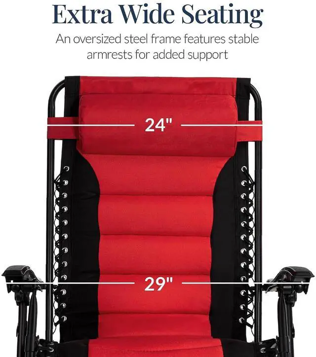 Alt view image 4 of 7 - Oversized Padded Zero Gravity Chair, Folding Outdoor Patio Recliner, XL Anti Gravity Lounger for Backyard w/Headrest, Cup Holder, Side Tray, Polyester Mesh - Red