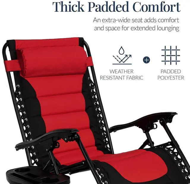 Alt view image 5 of 7 - Oversized Padded Zero Gravity Chair, Folding Outdoor Patio Recliner, XL Anti Gravity Lounger for Backyard w/Headrest, Cup Holder, Side Tray, Polyester Mesh - Red