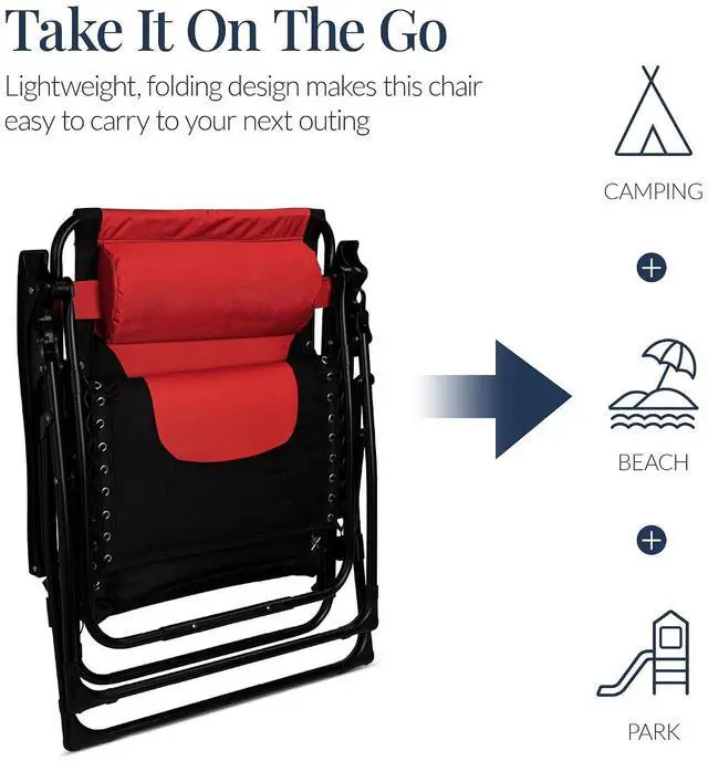 Alt view image 6 of 7 - Oversized Padded Zero Gravity Chair, Folding Outdoor Patio Recliner, XL Anti Gravity Lounger for Backyard w/Headrest, Cup Holder, Side Tray, Polyester Mesh - Red