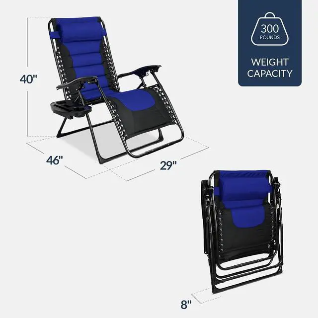 Alt view image 3 of 7 - Oversized Padded Zero Gravity Chair, Folding Outdoor Patio Recliner, XL Anti Gravity Lounger for Backyard w/Headrest, Cup Holder, Side Tray, Polyester Mesh - Blue
