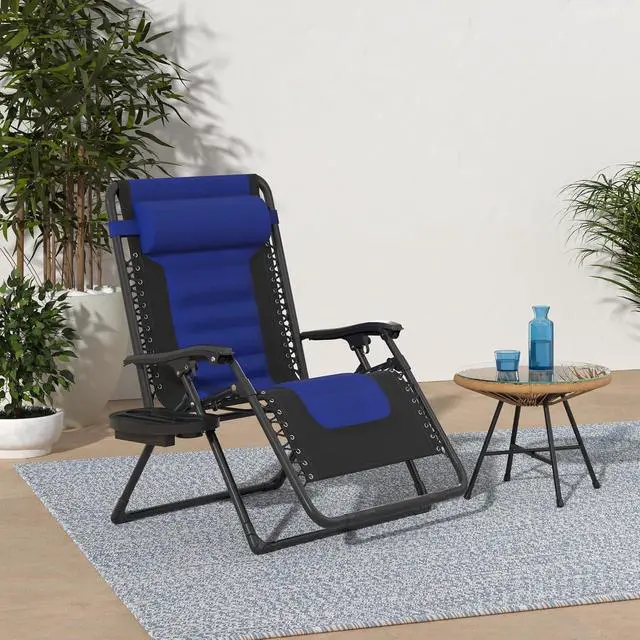 Alt view image 2 of 7 - Oversized Padded Zero Gravity Chair, Folding Outdoor Patio Recliner, XL Anti Gravity Lounger for Backyard w/Headrest, Cup Holder, Side Tray, Polyester Mesh - Blue