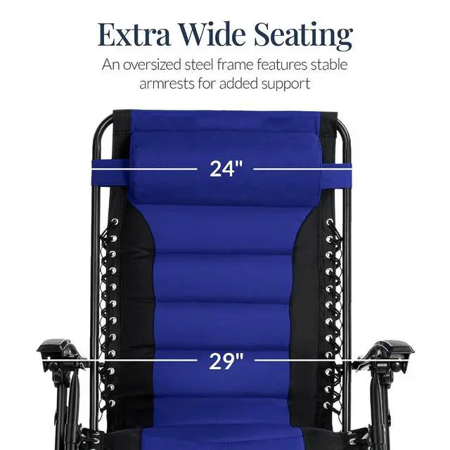 Alt view image 4 of 7 - Oversized Padded Zero Gravity Chair, Folding Outdoor Patio Recliner, XL Anti Gravity Lounger for Backyard w/Headrest, Cup Holder, Side Tray, Polyester Mesh - Blue