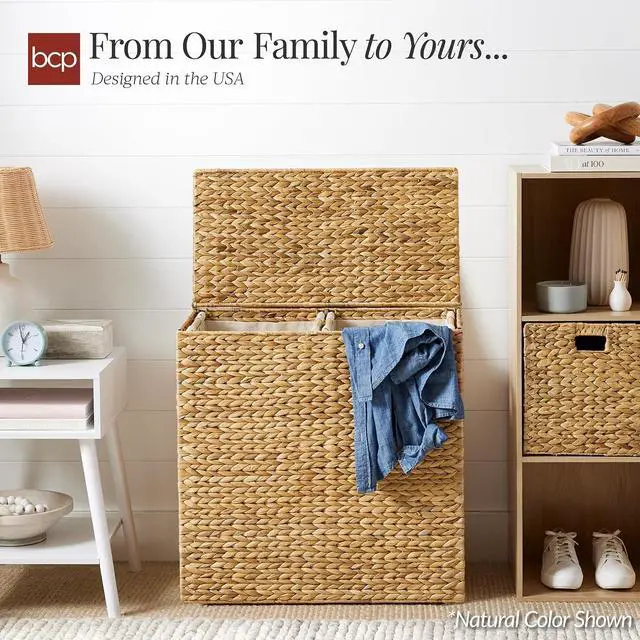 Alt view image 4 of 7 - Large Laundry Hamper with Lid, Natural Handwoven Hyacinth Laundry Basket, W/Removeable & Washable Liner Bag, Portable, Handles, 30 Gallon (114 liters) - Chestnut