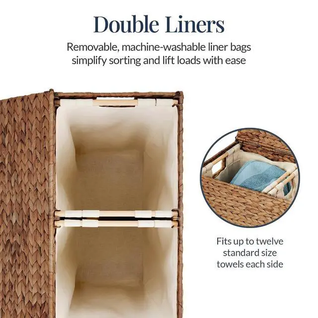 Alt view image 5 of 7 - Large Laundry Hamper with Lid, Natural Handwoven Hyacinth Laundry Basket, W/Removeable & Washable Liner Bag, Portable, Handles, 30 Gallon (114 liters) - Chestnut