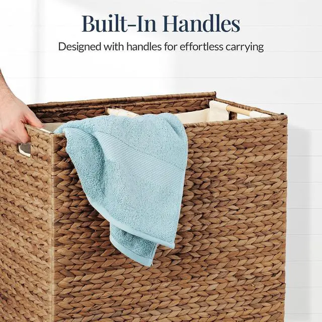 Alt view image 6 of 7 - Large Laundry Hamper with Lid, Natural Handwoven Hyacinth Laundry Basket, W/Removeable & Washable Liner Bag, Portable, Handles, 30 Gallon (114 liters) - Chestnut
