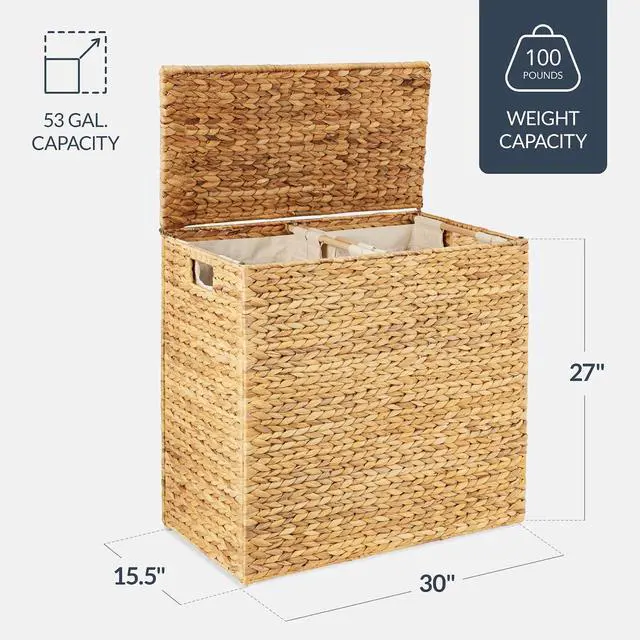 Alt view image 2 of 7 - X-Large Laundry Hamper with Lid, Natural Handwoven Hyacinth Laundry Basket, W/Removeable & Washable Liner Bag, Portable, Handles, 53 Gallon (200 liters) - Natural