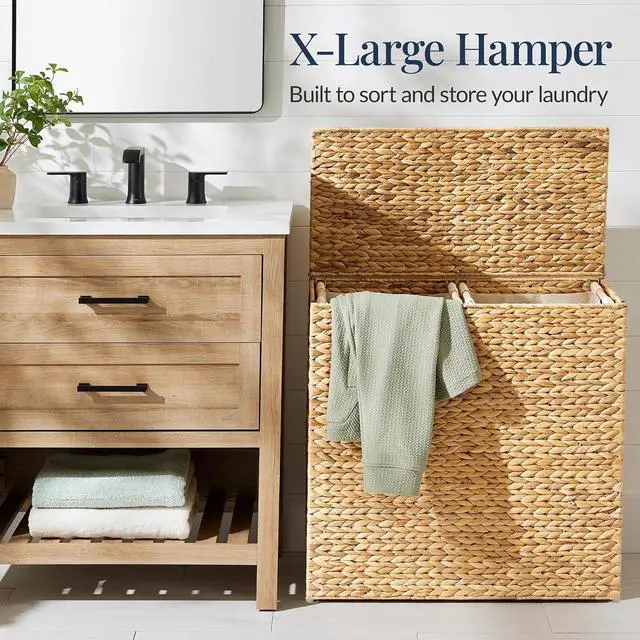 Alt view image 3 of 7 - X-Large Laundry Hamper with Lid, Natural Handwoven Hyacinth Laundry Basket, W/Removeable & Washable Liner Bag, Portable, Handles, 53 Gallon (200 liters) - Natural