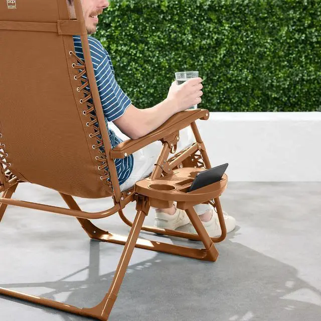 Alt view image 2 of 7 - Adjustable Zero Gravity Chair, Monochromatic Color Folding Patio Recliner w/Side Tray, Headrest - Desert
