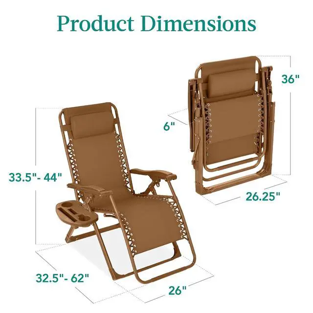 Alt view image 3 of 7 - Adjustable Zero Gravity Chair, Monochromatic Color Folding Patio Recliner w/Side Tray, Headrest - Desert