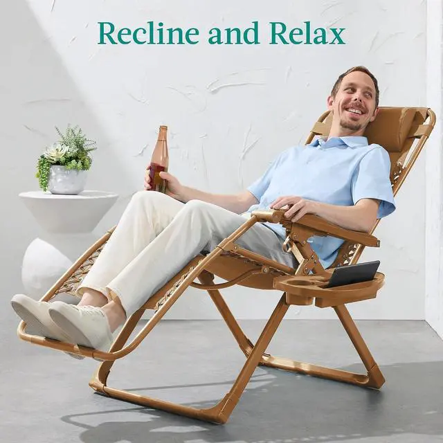 Alt view image 4 of 7 - Adjustable Zero Gravity Chair, Monochromatic Color Folding Patio Recliner w/Side Tray, Headrest - Desert