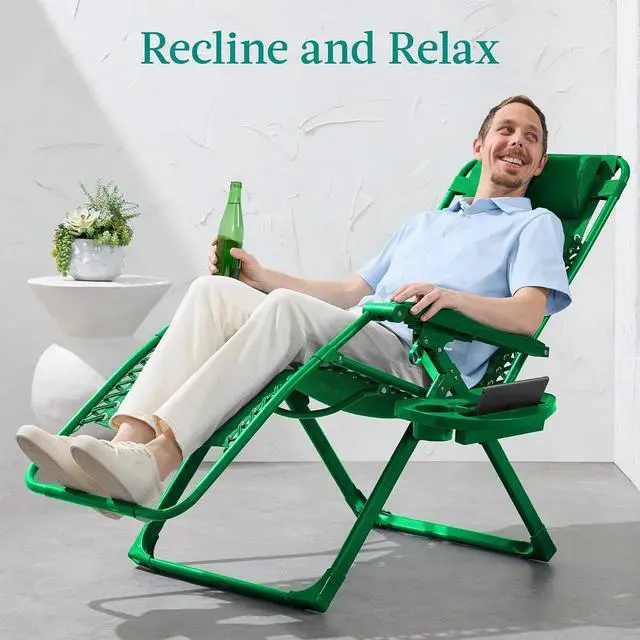 Alt view image 3 of 7 - Adjustable Zero Gravity Chair, Monochromatic Color Folding Patio Recliner w/Side Tray, Headrest - Basil
