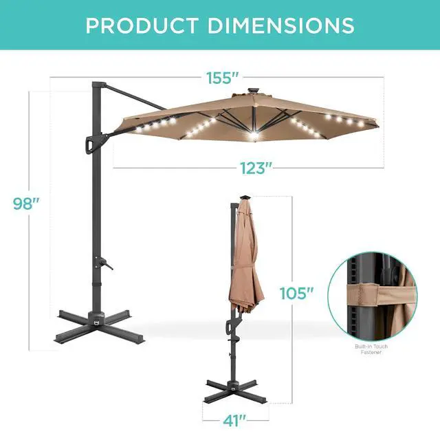 Alt view image 7 of 7 - 10ft Solar LED Cantilever Patio Umbrella, 360-Degree Rotation Hanging Offset Market Outdoor Sun Shade for Backyard, Deck, Poolside w/Lights, Easy Tilt, Cross Base - Tan