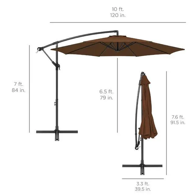 Alt view image 7 of 7 - 10ft Offset Cantilever Hanging Market Patio Umbrella, 8 Sturdy Ribs, Easy Adjustment - Brown
