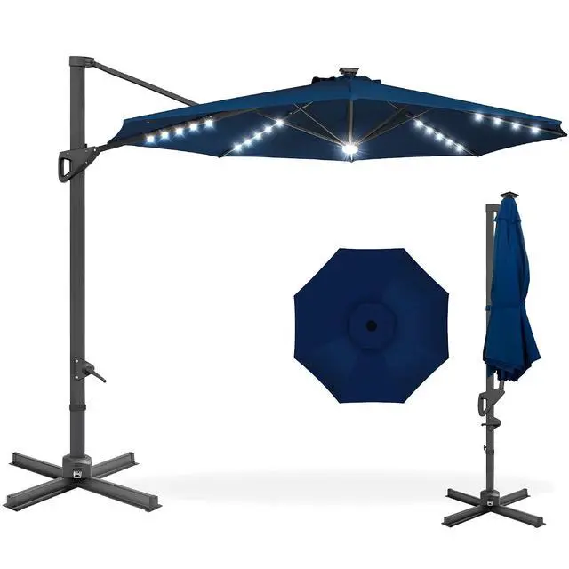 Main image of 10ft Solar LED Cantilever Patio Umbrella, 360-Degree Rotation Hanging Offset Market Outdoor Sun Shade for Backyard, Deck, Poolside w/Lights, Easy Tilt, Cross Base - Navy Blue