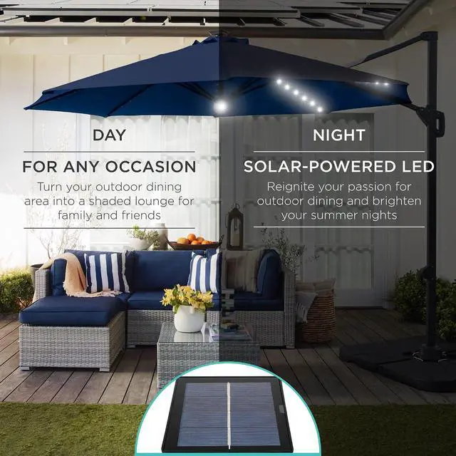 Alt view image 3 of 7 - 10ft Solar LED Cantilever Patio Umbrella, 360-Degree Rotation Hanging Offset Market Outdoor Sun Shade for Backyard, Deck, Poolside w/Lights, Easy Tilt, Cross Base - Navy Blue