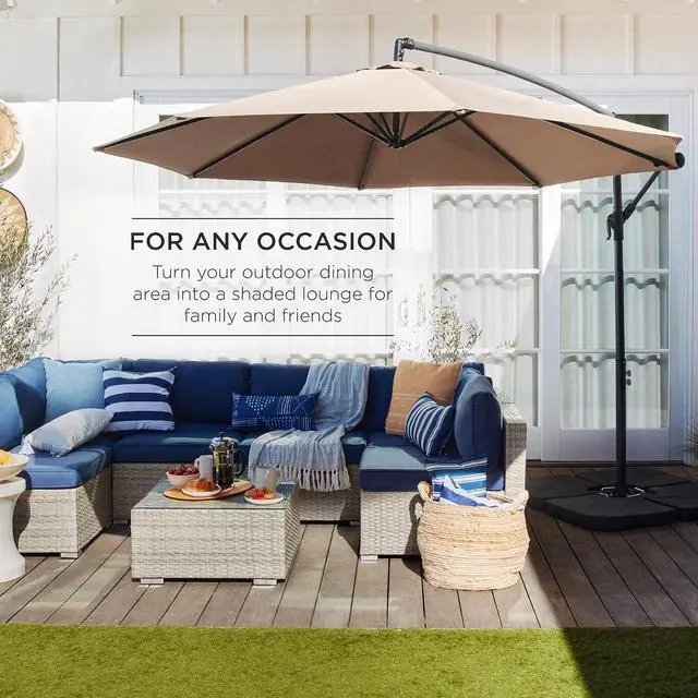 Alt view image 3 of 7 - 10ft Offset Hanging Market Patio Umbrella w/Easy Tilt Adjustment, Polyester Shade, 8 Ribs for Backyard, Poolside, Lawn and Garden - Tan