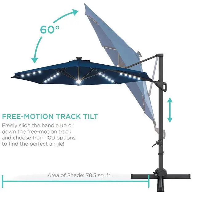 Alt view image 5 of 7 - 10ft Solar LED Cantilever Patio Umbrella, 360-Degree Rotation Hanging Offset Market Outdoor Sun Shade for Backyard, Deck, Poolside w/Lights, Easy Tilt, Cross Base - Navy Blue