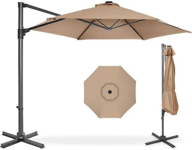 Main image of 10ft Offset Cantilever Hanging Market Patio Umbrella, Smooth 360° Rotation, 8 Sturdy Ribs, Easy Adjustment - Tan