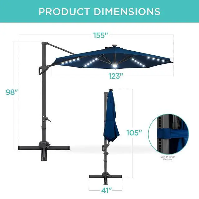 Alt view image 7 of 7 - 10ft Solar LED Cantilever Patio Umbrella, 360-Degree Rotation Hanging Offset Market Outdoor Sun Shade for Backyard, Deck, Poolside w/Lights, Easy Tilt, Cross Base - Navy Blue