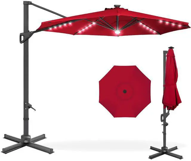 Main image of 10ft Solar LED Cantilever Patio Umbrella, 360-Degree Rotation Hanging Offset Market Outdoor Sun Shade for Backyard, Deck, Poolside w/Lights, Easy Tilt, Cross Base - Red