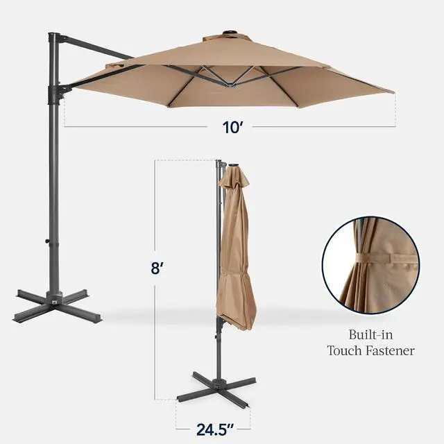 Alt view image 2 of 7 - 10ft Offset Cantilever Hanging Market Patio Umbrella, Smooth 360° Rotation, 8 Sturdy Ribs, Easy Adjustment - Tan