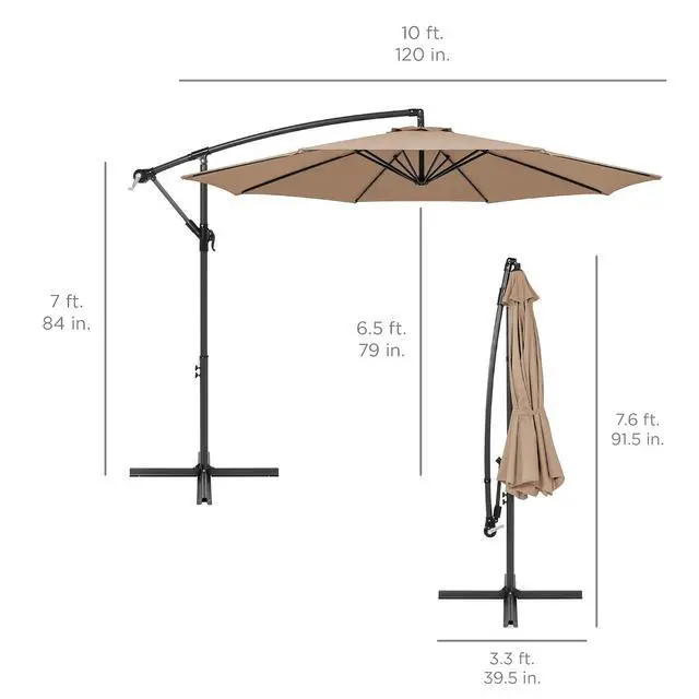 Alt view image 7 of 7 - 10ft Offset Hanging Market Patio Umbrella w/Easy Tilt Adjustment, Polyester Shade, 8 Ribs for Backyard, Poolside, Lawn and Garden - Tan