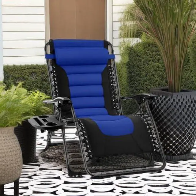 Alt view image 5 of 7 - Oversized Padded Zero Gravity Chair, Folding Outdoor Patio Recliner, XL Anti Gravity Lounger for Backyard w/Headrest, Cup Holder, Side Tray, Polyester Mesh - Blue