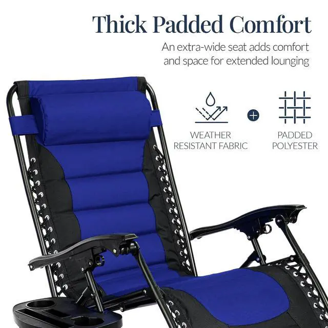 Alt view image 6 of 7 - Oversized Padded Zero Gravity Chair, Folding Outdoor Patio Recliner, XL Anti Gravity Lounger for Backyard w/Headrest, Cup Holder, Side Tray, Polyester Mesh - Blue