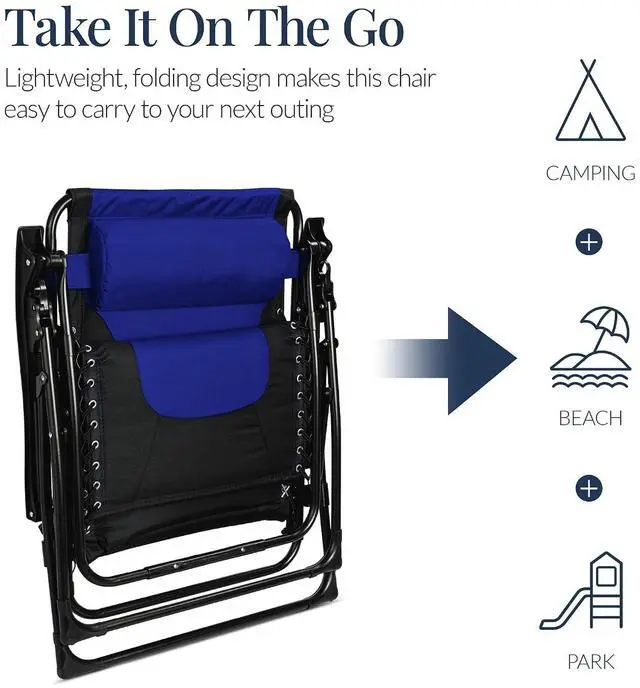 Alt view image 7 of 7 - Oversized Padded Zero Gravity Chair, Folding Outdoor Patio Recliner, XL Anti Gravity Lounger for Backyard w/Headrest, Cup Holder, Side Tray, Polyester Mesh - Blue